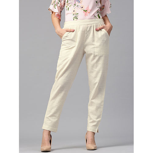 Slub Cotton Off White Color Solid Pants