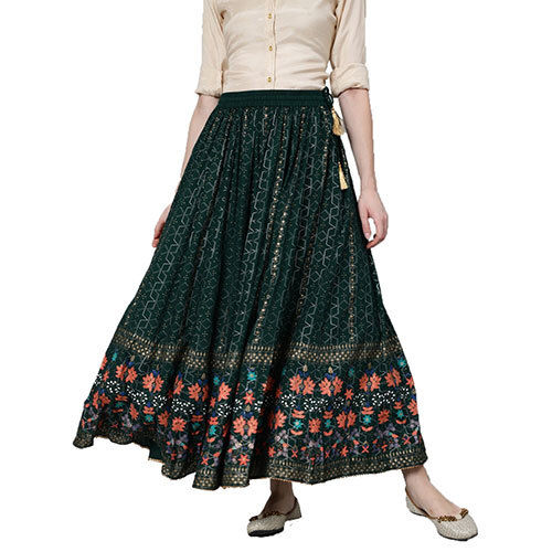 Green Gold Printed Flared Skirt