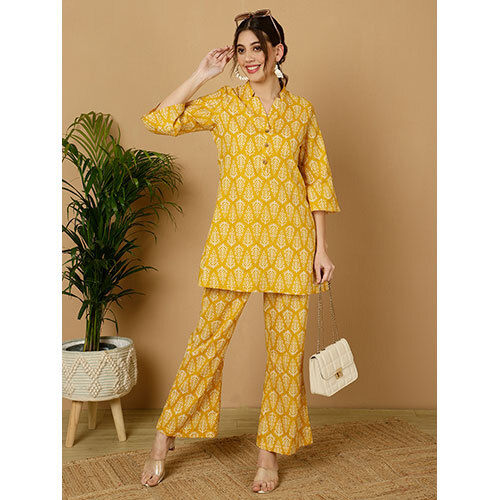 Yellow Ethnic Printed Kurta With Palazzo Loungewear