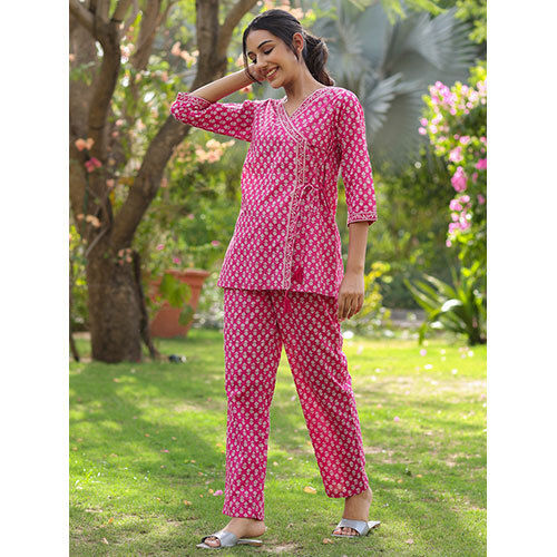 Pink And White Angrakha Printed Cotton Short Kurta With Pants