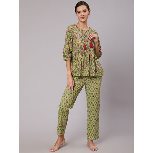 Women Cotton Ethnic Printed Green Lounge Wear Has Gathered Top And Pants