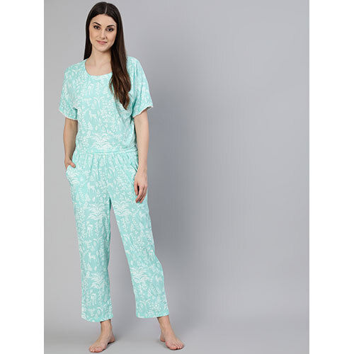 Women Light Blue Rayon Slub Quirky Printed Night Suit