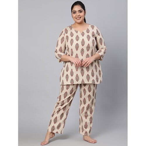 Cotton Flex Printed Beige Night Suit