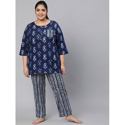 Navy Blue Cotton Printed Lounge Wear Top With Bottom