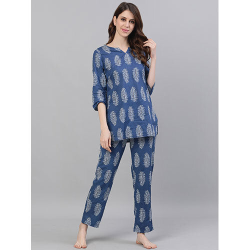 Blue & White Printed Pure Cotton Night Suit