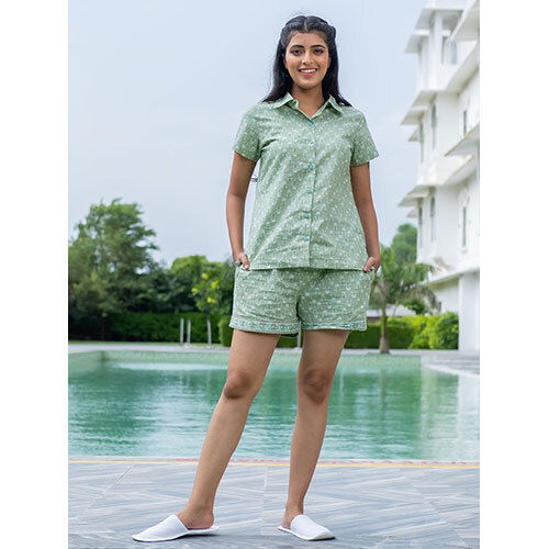 Green Ethnic Print Cotton Loungwear Set With Side Pockets