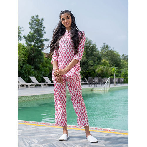 White Ethnic Print Cotton Loungewear Set With Side Pockets