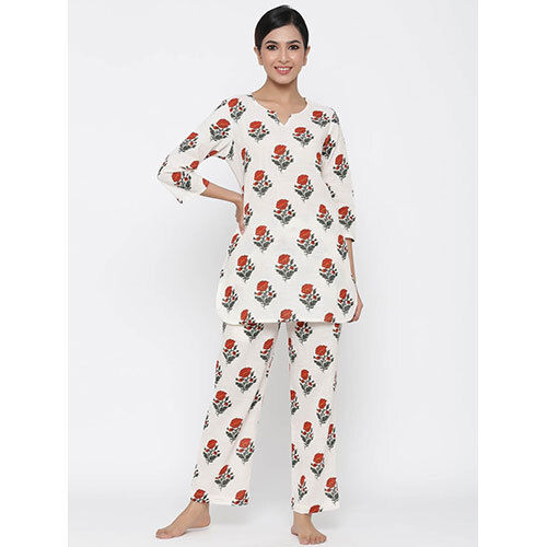 White Floral Print Straight Cotton Blend Sleepwear