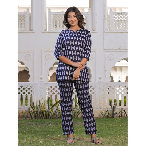 Navy Blue Ikat Print Straight Viscos Rayon Lounge Wear