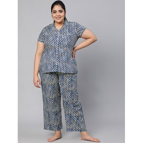 Cotton Geomatric Printed Blue Night Suit