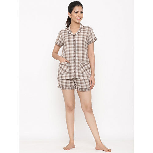 Brown Checks Print Straight Shirt And Short Pant Night Suit