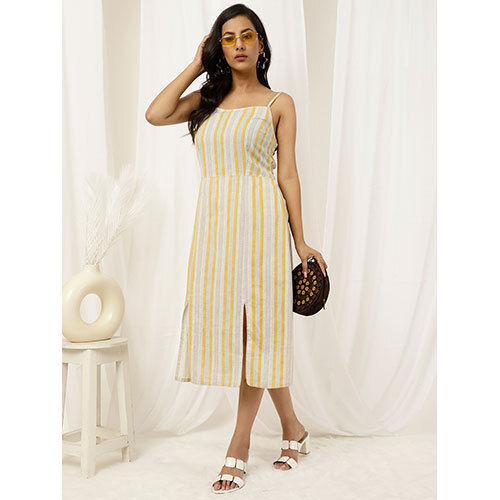 Beige And Yellow Striped Strappy Cotton Dress With Slits