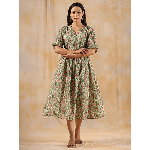 Green Ethnic Floral Printed Flared Dress