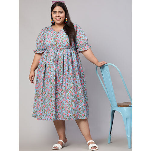 Plus Size Blue Ethnic Floral Printed Flared Dress