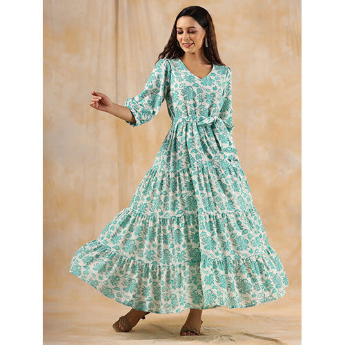 Sea Green Floral Printed Tier Cotton Dress