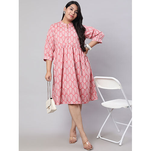 Plus Size Pink Ethnic Printed Flared Dress