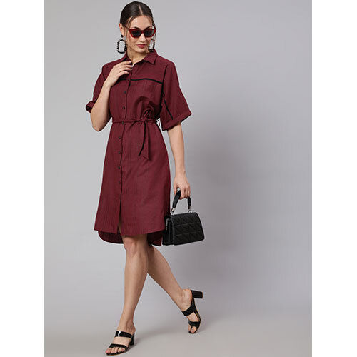 Women Maroon Self Weaved Shirt Collar Dress