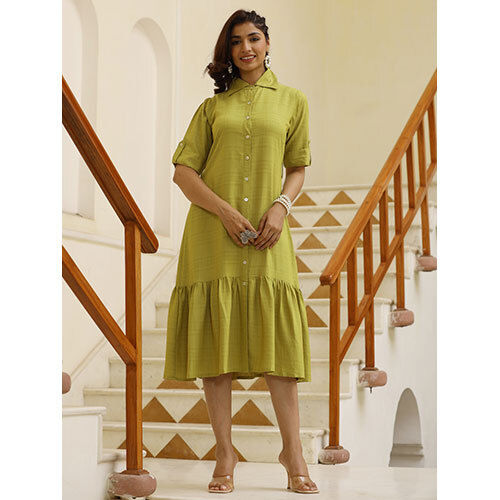 Green Self Weave Rayon Shirt Dress With Belt