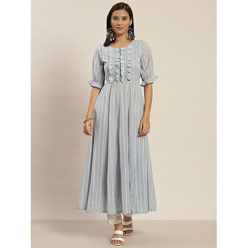 A Grey Color Striped Georgette Flared Dress With Front Gathers And Laced Up