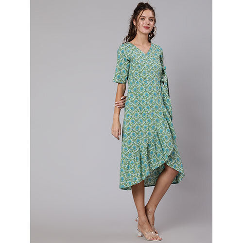 A Green Floral Cotton Embroidered Flared Dress With Short Sleeves And Tie-Up Belt