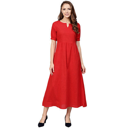 Red Pure Cotton Midi A-Line Dress