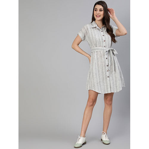 White Stripes Yarn Dyed Cotton Shirt Dress With Belt