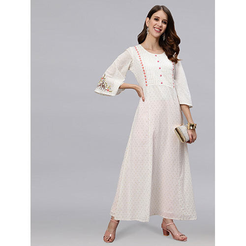 White Self Waeve Embroidered Flared Dress