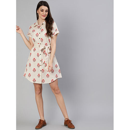 Off White Ethnic Printed Cotton Slub Shirt Dress With Belt