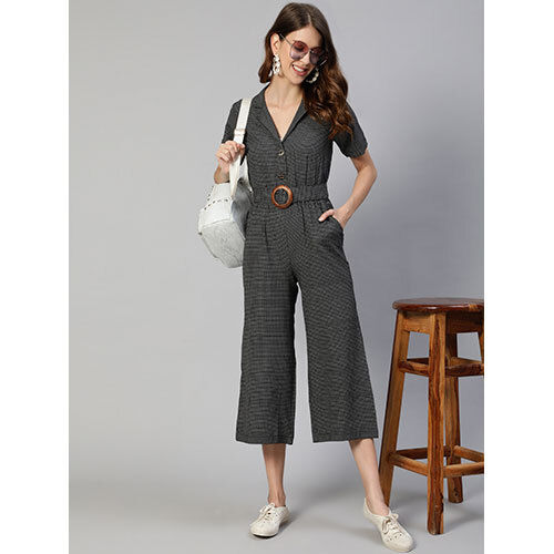 Women Black Yarn Dyed Checked Jumpsuit