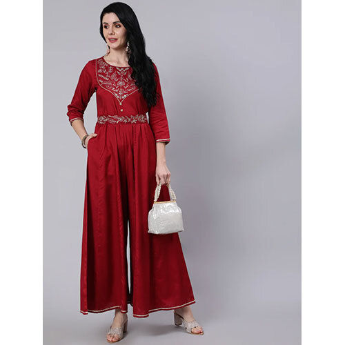 Maroon Silk Blend Embroidered Kali Jumpsuit With Embroidered Belt