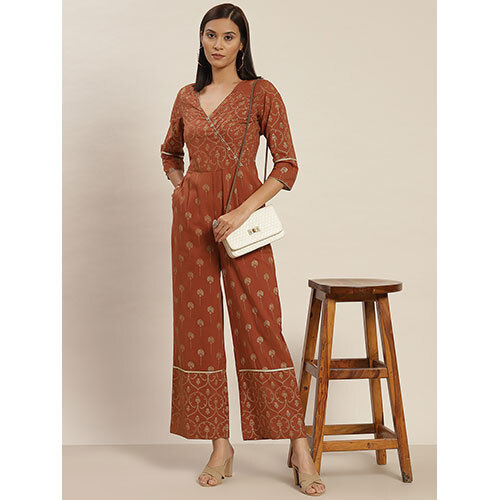 Golden Pigment Print Cotton Rust Ethnic Angrakha Style Jumpsuit