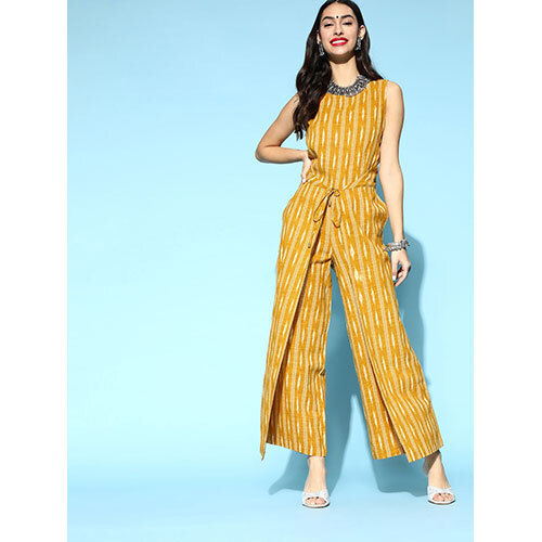 Mustard Ikat Print Cotton Slub Jumpsuit