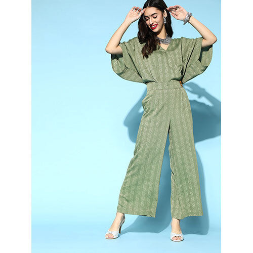 Green Rayon Self Weave Jumpsuit