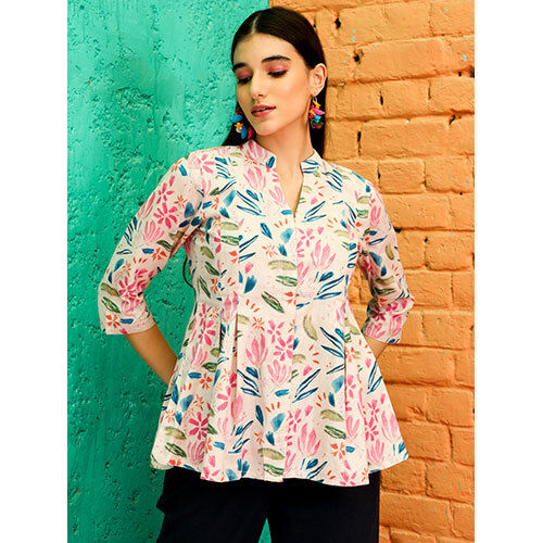 Pink Abstract Printed Pleated Cotton Top