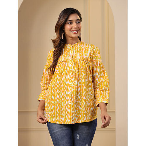 Yellow Gathered Loose Fit Printed Top