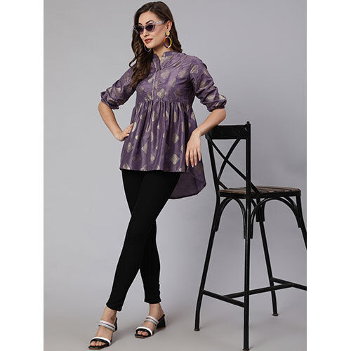 Purple Woven Silk Blend Gold Printed Peplum Hip-Low Top