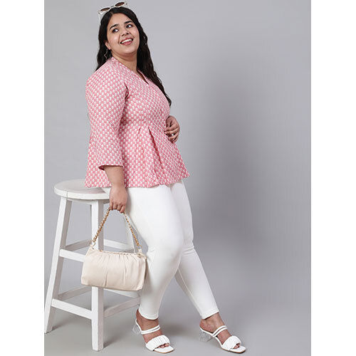 Women Plus Size Pink Woven Printed Pleated Top