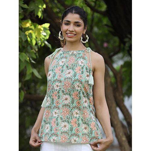 Green Ethnic Cotton Printed Tie-up Top