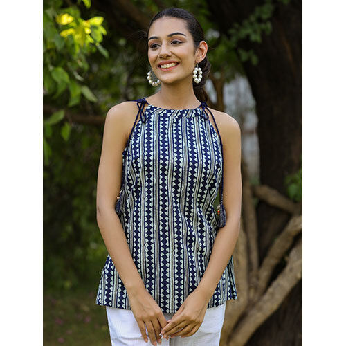 Blue Ethnic Cotton Printed Tie-Up Top