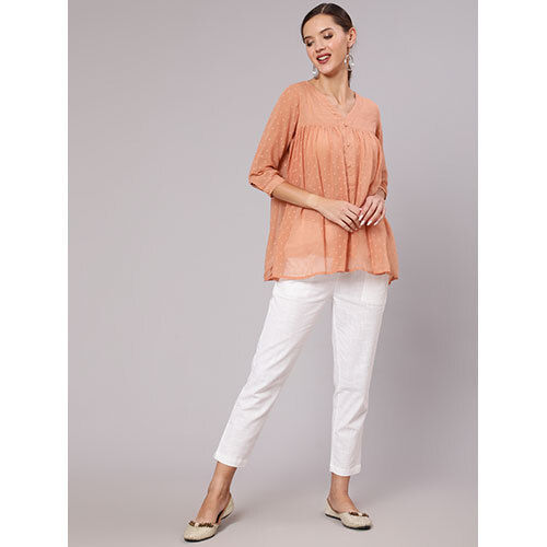 Peach Chiffon Dobby Gathered Top With Flared Hemline