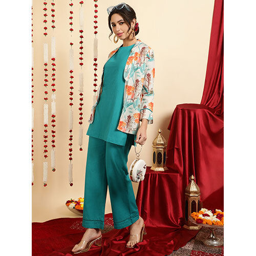 Turquoise Blue Kurta And Palazzo With Shrug Co-ord Set