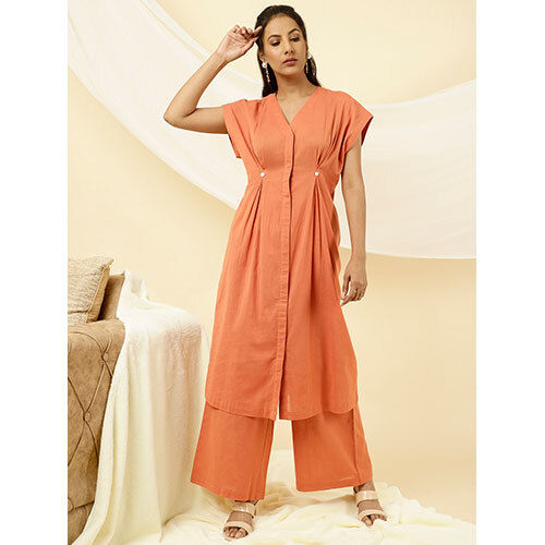 Orange Pleated Kurta With Palazzo Co-ord Set