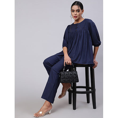 Women Navy Blue Solid Viscose Gathered Top With Navy Blue Solid Palazzo