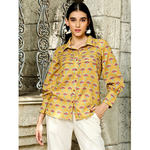 Mustard Lotus Print Full Sleeved Shirt