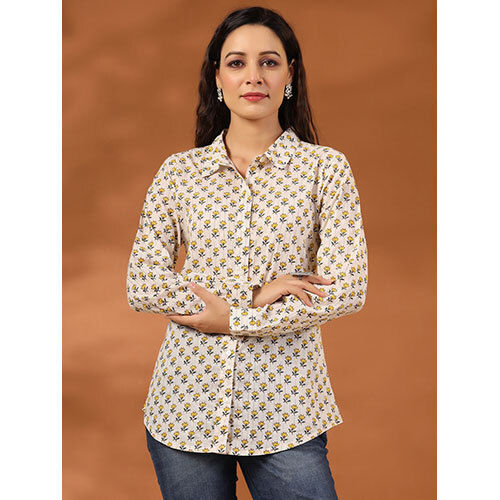 Yellow Ethnic Motif Printed Lurex Shirt