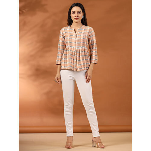 Peach And White Checks Cotton Gathered Shirt