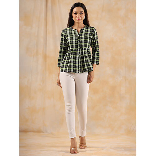 Green And White Checks Cotton Gathered Shirt