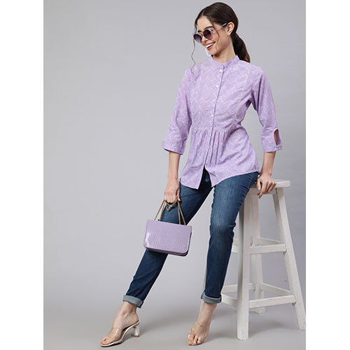 Women Lavender Zigzag Embroidered Printed Ethnic Shirt