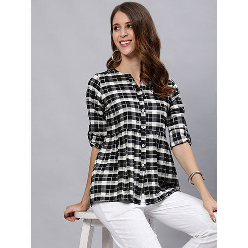 Black & White Checked Cotton Shirt With Gathered Detail