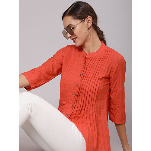 Orange Self Weave Rayon Pleated Mandarin Collar Shirt